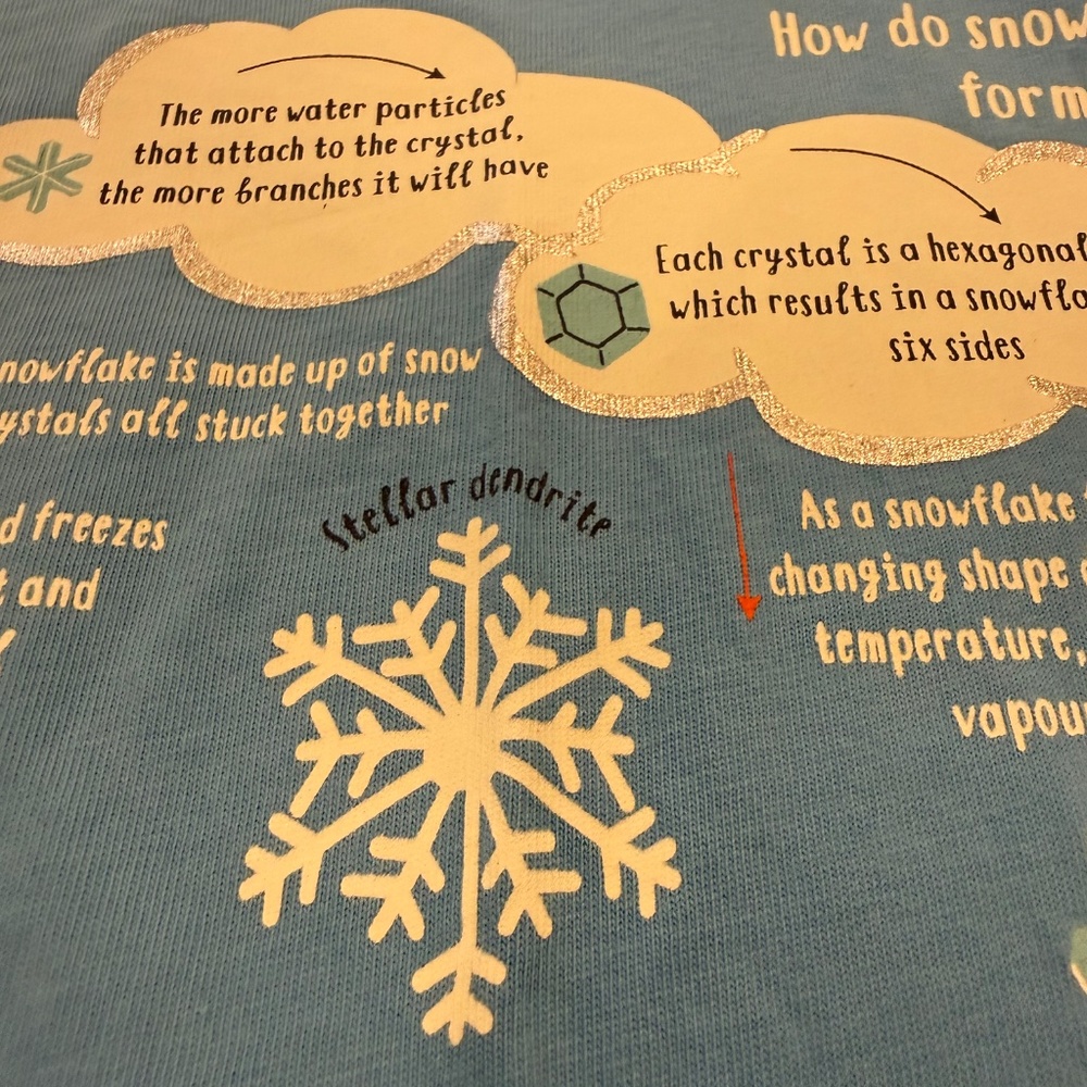 Size 6-7 Mini Boden Fun Facts Shirt in Surfboard Blue Snowflakes. - Picture 6 of 12